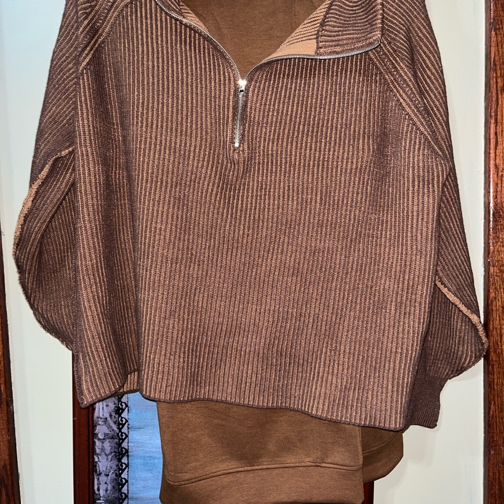 Set Zenana Brown Ribbed Half-Zip Cowl Sweater 1/2 zip Top L/xl with pants 3x